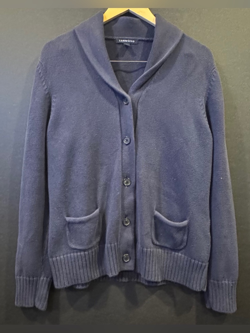 Lands' End Women's Navy Blue 100% Cotton Shawl Collar Cardigan Sweater - Size L